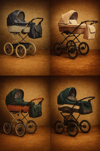 Cztery stylowe wózki dziecięce retro na brązowym tle. Od góry: niebieski wózek z wiklinowym koszem i czarną torbą, beżowy wózek z jasną torbą, zielony wózek z drewnianą rączką i torbą, oraz ciemnozielony wózek z kontrastową torbą. Wszystkie mają duże koła i elegancki design.